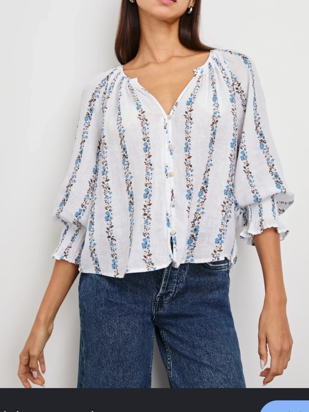 White Floral Button-Front Peasant Top